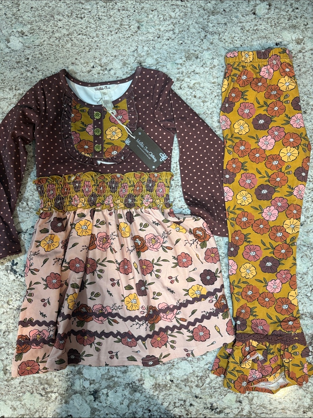 Matilda Jane Floral Polka Dot Girls Dress & Leggings Set - Brown, Mustard, Pink